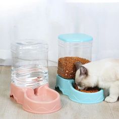 a white cat eating out of a blue bowl next to two plastic bowls with food in them