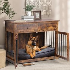 a dog laying on top of a bed under a table