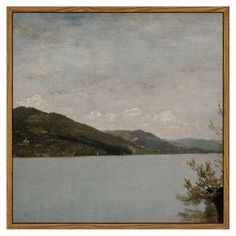 an oil painting on canvas of a lake with mountains in the distance and clouds in the sky