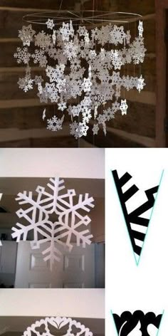 snowflakes are hanging from the ceiling in different stages of being cut into shapes