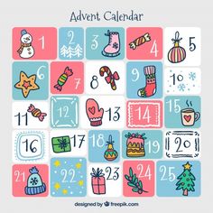 a calendar with christmas items on it and the numbers for each month in different colors