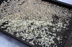 a pan filled with oats sitting on top of a counter