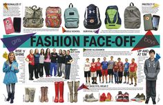 an advertisement for the fashion face - off with many different types of shoes and backpacks