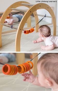 a baby playing with an orange toy in front of a mirror and another photo of a baby laying on the floor