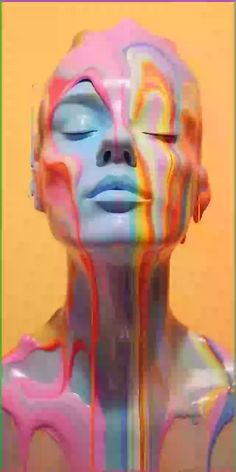 a woman's face is covered in multicolored paint and has her eyes closed