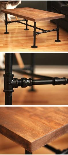 two different views of a coffee table with pipe legs