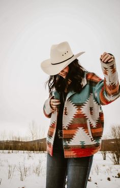 Aztec jacket, wrangler, cowgirl, western, fashion, womens western fashion, ootd, fall outfit Fashion For 2023, Winter Outfits Dress, Winter Western Outfits, Western Jacket Women, Western Winter Fashion, Western Winter Outfits, Southwestern Outfits, Women's Western Fashion, Aztec Clothing