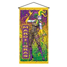 a colorful banner hanging from the side of a wall with an image of a clown on it