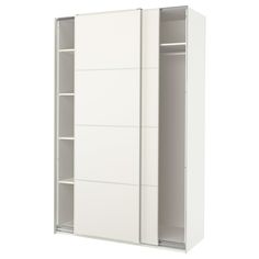 a white cabinet with two doors and shelves on each side, in front of a white background