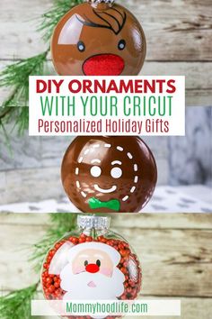 an ornament hanging from a christmas tree with the words diy ornaments with your cricut personalized holiday gifts