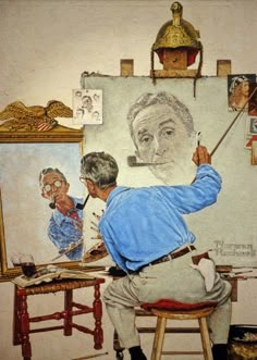 a man sitting in front of a painting on a easel