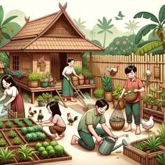 a painting of people working in a garden