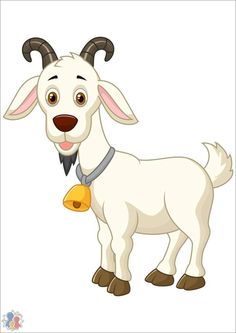 a goat with horns and bells on it's neck standing in front of a white background