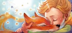 a painting of a boy hugging a fox