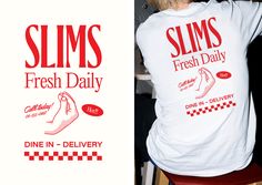 a woman sitting on a stool wearing a t - shirt that says slims fresh daily