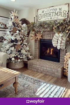 a living room with a christmas tree and fireplace