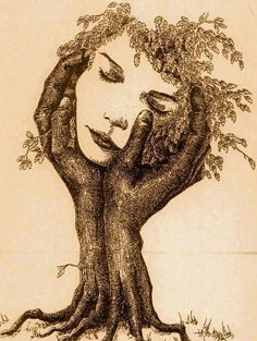 a drawing of a woman's face with her hands in the tree