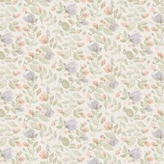 a floral wallpaper pattern with pink and grey flowers on white background in pastel colors