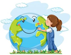 a girl hugging the earth on a white background