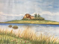 a painting of a house sitting on top of a hill next to a body of water