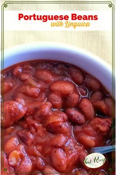 a white bowl filled with red beans next to a wooden table top and a sign that reads portuguese beans with linguea