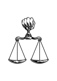 a black and white line drawing of a scale with a fist on it's head