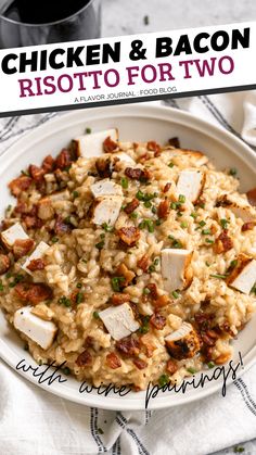 chicken and bacon risotto for two on a white plate