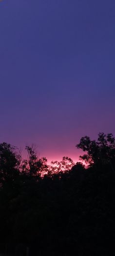 the sun is setting behind some trees in the distance, and it appears to be purple