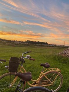 two bicycles are parked in the grass at sunset