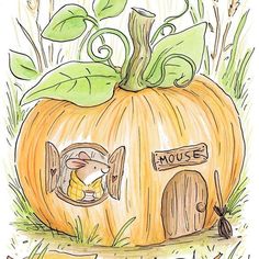 a drawing of a mouse in a pumpkin house