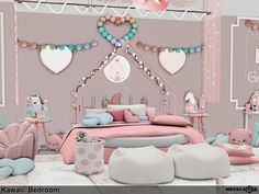 a bedroom decorated in pastel colors with lots of decorations on the walls and floor