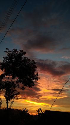 the sun is setting behind some trees and power lines in front of an orange sky