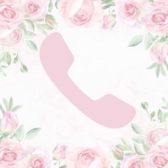 a phone surrounded by pink roses on a white background