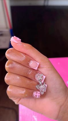 Pink Short Nails Black Women, Pink Prom Nails Short, Short Birthday Nails Black Women, Extra Small Nails, Short Nail Designs With Charms, Cute Pink Birthday Nails, Pink Nails With Charms