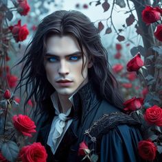 a man with long black hair and blue eyes standing in front of red rose bushes