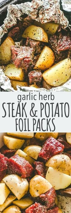 steak and potato foil packs with text overlay