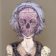 an altered photograph of a woman wearing a skull mask