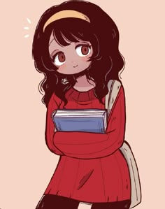 a drawing of a girl with long hair holding a book in her hands and looking at the camera