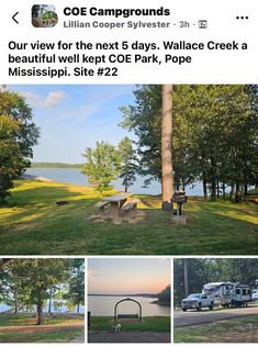 the camper is parked in front of the lake and next to it's picnic table