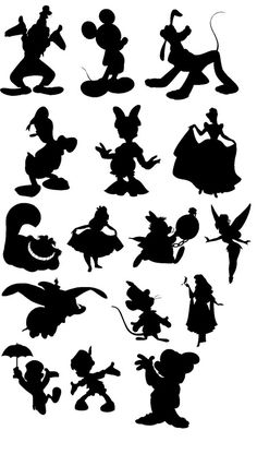 the silhouettes of various disney characters are shown in black and white, with different poses