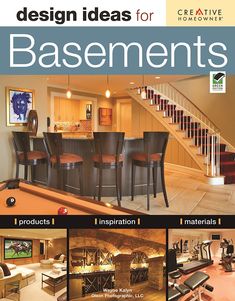 an advertisement for basements with pictures of the inside and out of it, including pool table