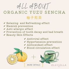 an advertisement with oranges and tea on it for organic uzu - sancha