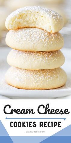 a stack of cream cheese cookies sitting on top of a white plate