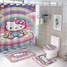 a bathroom with hello kitty shower curtain and rugs