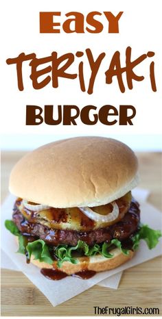 an easy teriyaki burger with lettuce and onions on it is ready to be eaten