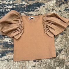 Size Large- But Can For Sure Fit A Small And Medium Light Brown With Tulle Sleeves Zara No Tag But Never Worn, In Amazing Conditon Neutral Tops For Fall Brunch, Trendy Brown Tops For Brunch, Neutral Cotton Top For Brunch, Zara Beige Knit Top For Summer, Trendy Beige Tops With Ruffles, Chic Brown Tops For Brunch, Brown Cotton Knit Top For Spring, Summer Brown Blouse For Brunch, Chic Beige Tops For Brunch