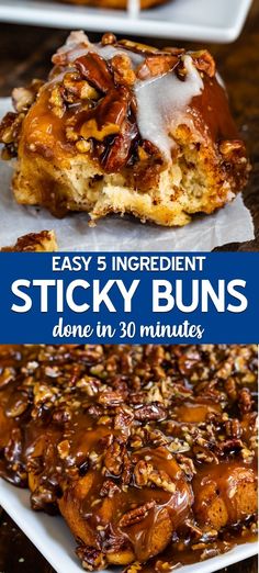 sticky buns with caramel drizzle and pecans on top