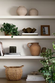 the shelves are filled with books, vases and potted plants on top of them