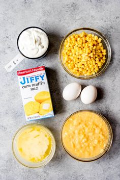 ingredients to make corn pudding laid out on a table