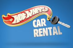 a car rental sign with a key hanging from it's side and the words hot wheels on top